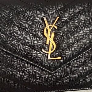Yves Saint Laurent Black Cassandre Matelasse Wallet on Chain in Grain de Poudre